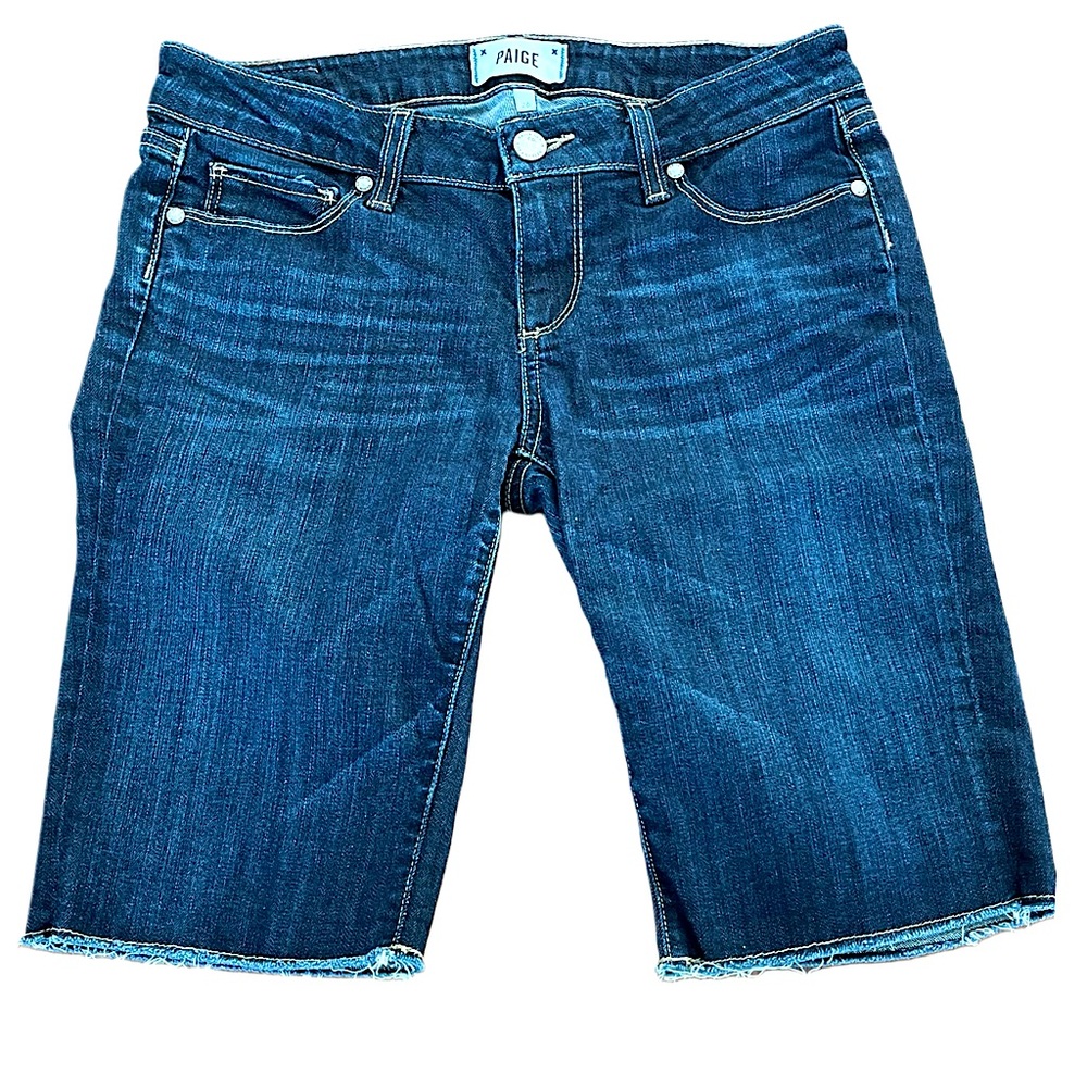 PAIGE Warner Raw Edge Hem Bermuda Denim Shorts Sz 26 Blue Light Stretch Summer